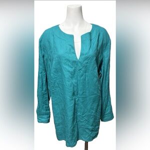 Lauren Ralph Lauren Teal Linen Tunic Top Roll Tab Long Sleeve Shirt Size 3X